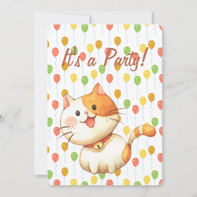 Cute Little Orange Cat Kitten with Colour Birthday Invitation (Front)