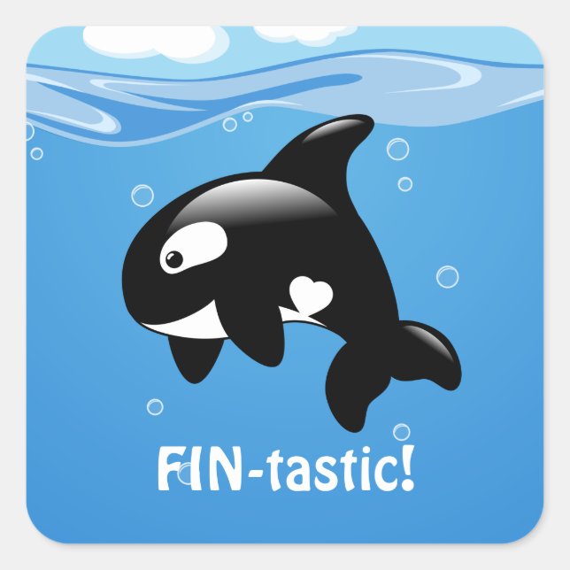 Cute Little Orca Whale FIN-tastic (Fantastic) Square Sticker (Front)