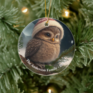 Cute little owl over a snow-covered tree Custom  Ceramic Tree Decoration