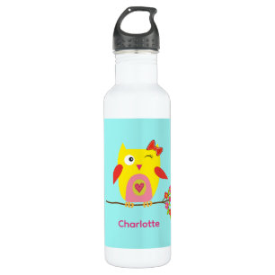 Cute little Owl Pink Flowers Kids Personalised 710 Ml Water Bottle