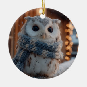 Cute little owl wearing knitted winter scarf ceramic tree decoration