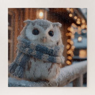 Cute little owl wearing knitted winter scarf jigsaw puzzle