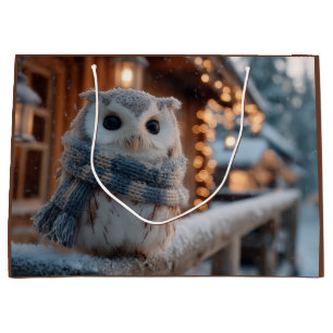 Cute little owl wearing knitted winter scarf large gift bag