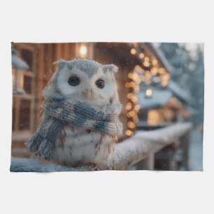 Cute little owl wearing knitted winter scarf tea towel
