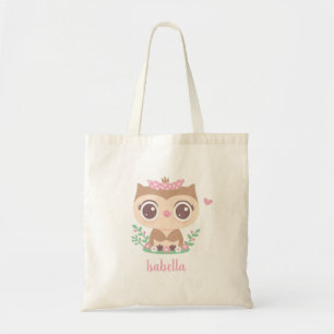 Cute Little Owl with Pink Bow, Kids Personalised Tote Bag