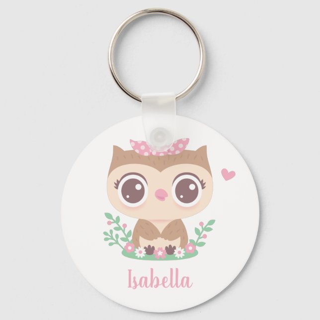 Cute Little Owl with Polka Dots Bow Key Ring (Front)