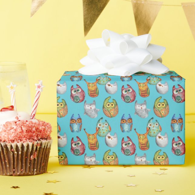 Cute little owls all-over design wrapping paper (Birthday Party)