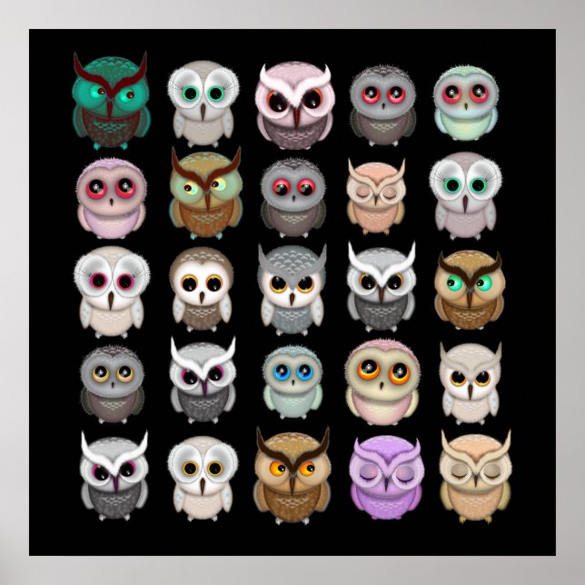 Cute Little Owls Illustrations Fun Art Poster (Front)