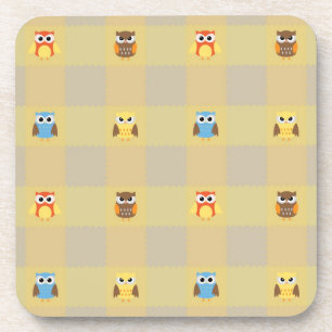 Cute Little Owls on Tan and Yellow Background Coaster