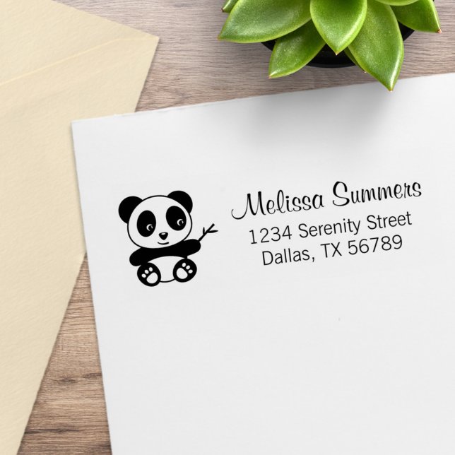 Cute Little Panda Holding a Bamboo Stick Address Rubber Stamp (Creator Uploaded)