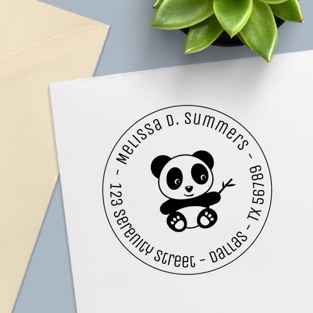 Cute Little Panda Holding Bamboo Round Address Self-inking Stamp (Creator Uploaded)