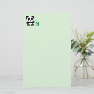 Cute Little Panda with a Bamboo Monogram Green Stationery