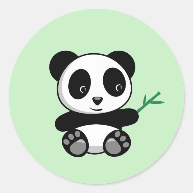 Cute Little Panda with a Bamboo Stick Green Classic Round Sticker (Front)