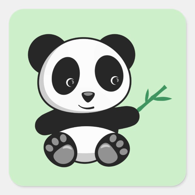 Cute Little Panda with a Bamboo Stick Green Square Sticker (Front)