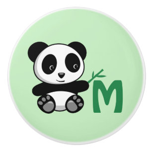 Cute Little Panda with a Bamboo Stick Monogram Ceramic Knob