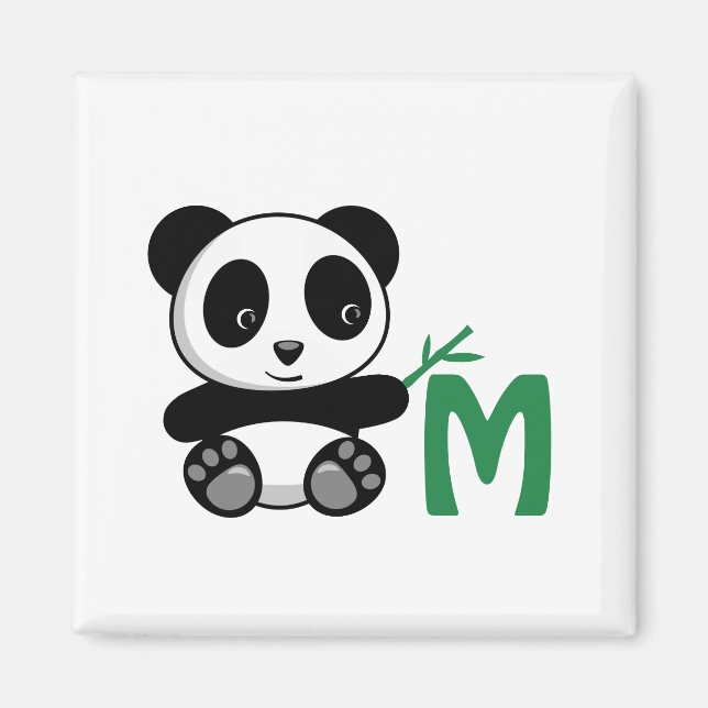 Cute Little Panda with a Bamboo Stick Monogram Magnet (Front)