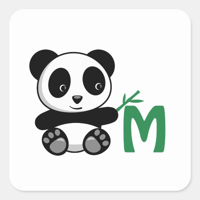 Cute Little Panda with a Bamboo Stick Monogram Square Sticker (Front)