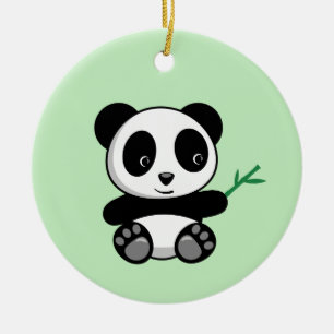 Cute Little Panda with a Bamboo Stick on Green Ceramic Tree Decoration