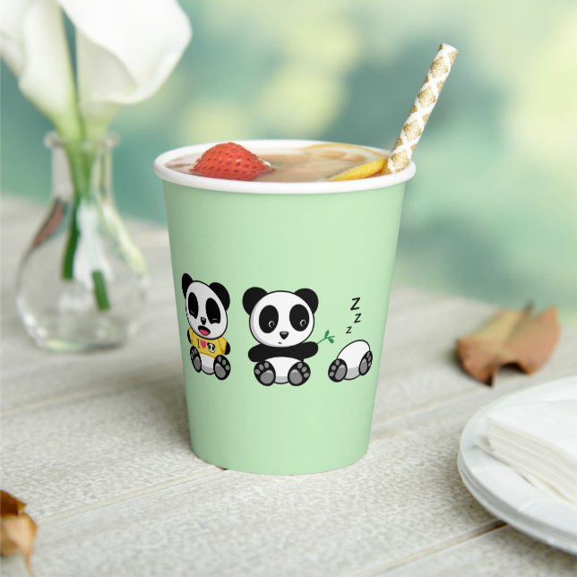 Cute Little Pandas on Green Paper Cups (Insitu)
