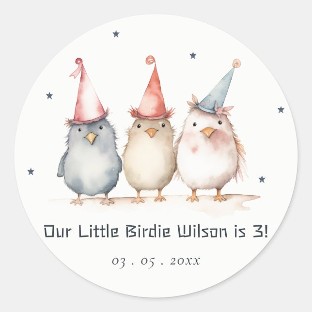 Cute Little Party Birds Any Age Kids Birthday Classic Round Sticker (Front)