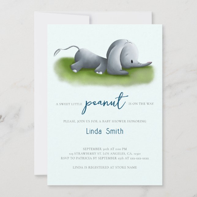 Cute Little Peanut Elephant Boy Baby Shower Invitation (Front)