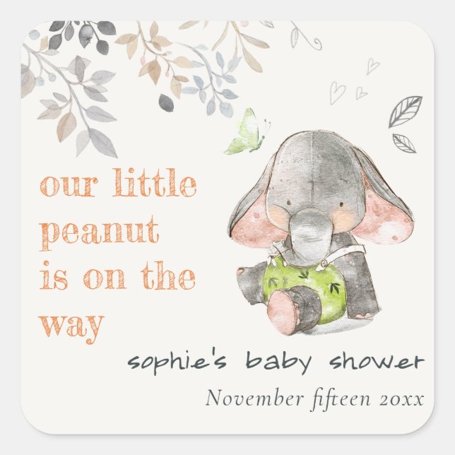 Cute Little Peanut Elephant Foliage Baby Shower Square Sticker (Front)