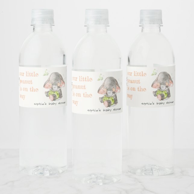 Cute Little Peanut Elephant Foliage Baby Shower Water Bottle Label (Bottles)
