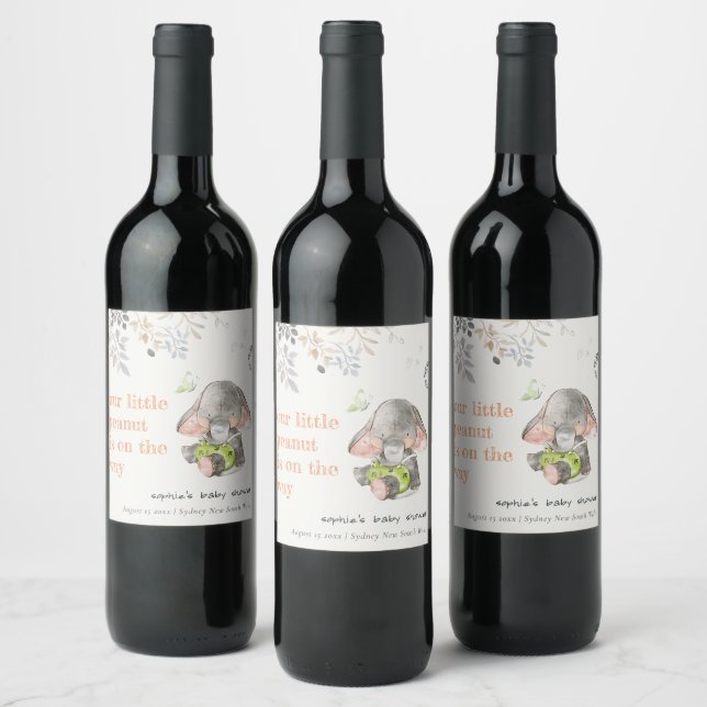 Cute Little Peanut Elephant Foliage Baby Shower Wine Label (Bottles)