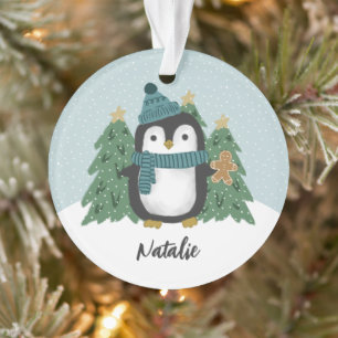 Cute Little Penguin and Cookie   Name Ornament