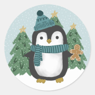 Cute Little Penguin and Gingerbread Man Christmas Classic Round Sticker