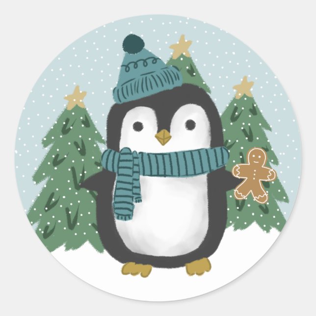 Cute Little Penguin and Gingerbread Man Christmas  Classic Round Sticker (Front)