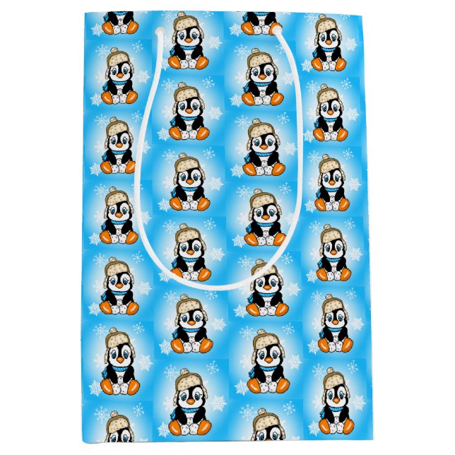 Cute Little Penguin in Winter Cap with Snowballs Medium Gift Bag (Front)