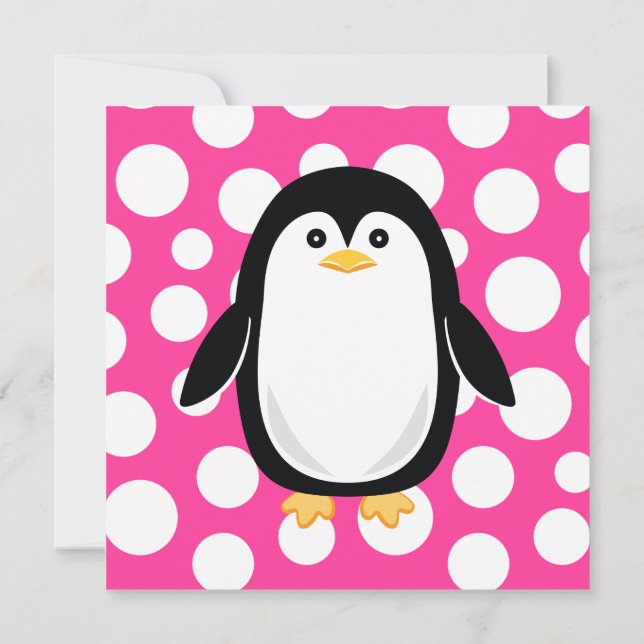 Cute Little Penguin Pink Polka Dot Fun Invitation (Back)