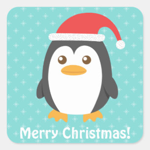 Cute Little Penguin with Santa Hat Christmas Square Sticker