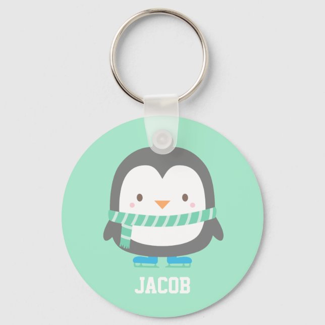Cute Little Penguin with Winter Scarf Personalised Key Ring (Front)