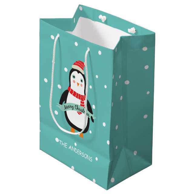 Cute little Penquin "Merry Christmas" Personalised Medium Gift Bag (Front Angled)