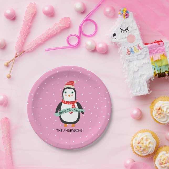 Cute little Penquin "Merry Christmas" Personalised Paper Plate (Party)