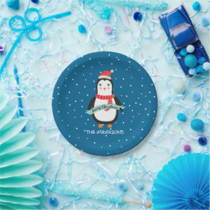 Cute little Penquin "Merry Christmas" Personalised Paper Plate