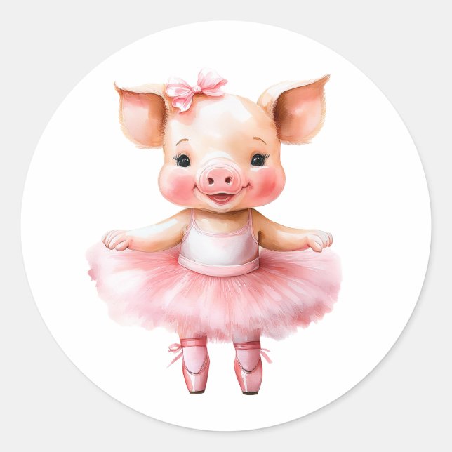Cute little pig ballerina dancing ballet classic round sticker (Front)