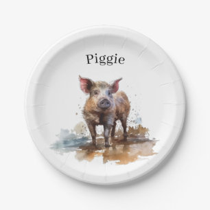 Cute little pig in the mud, customisable paper plate