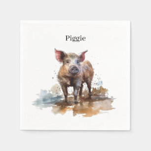 Cute little pig playing in the mud watercolor napkin