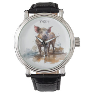 Cute little pig playing in the mud watercolor watch