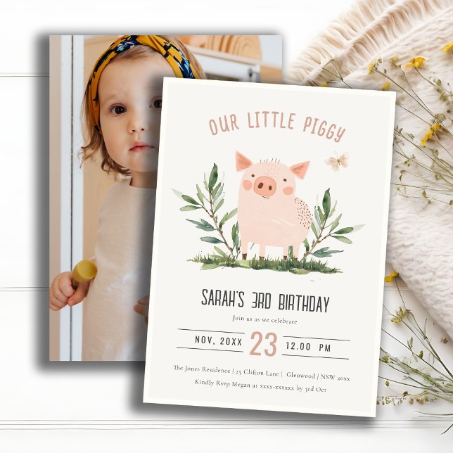 Cute Little Piggy Kids Farm Pig Photo Birthday Invitation (Creator Uploaded)