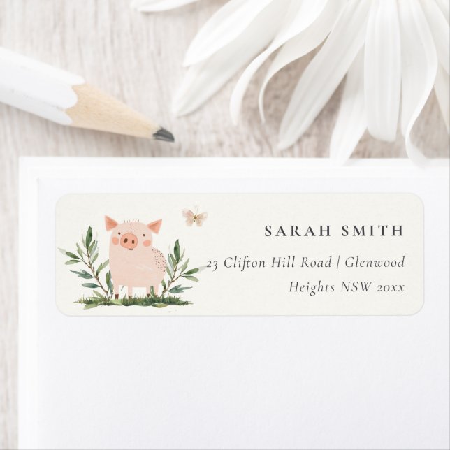 Cute Little Piggy Kids Farm Pig Watercolor Address (Insitu)