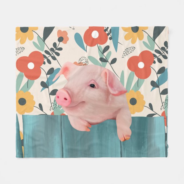 Cute Little Piglet And Cheerful Flowers Fleece Blanket (Front (Horizontal))