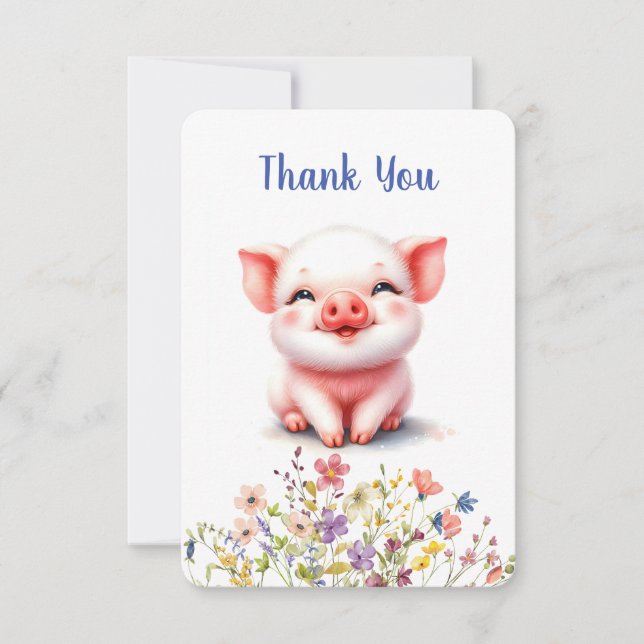 Cute Little Piglet Wildflowers Flat Thank You Card (Front)