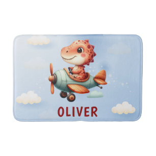 Cute Little Pilot Dinosaur Flying Aeroplane Bath Mat