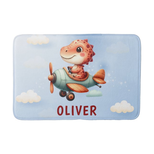 Cute Little Pilot Dinosaur Flying Aeroplane Bath Mat (Front)