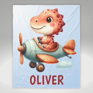 Cute Little Pilot Dinosaur Flying Aeroplane Fleece Blanket