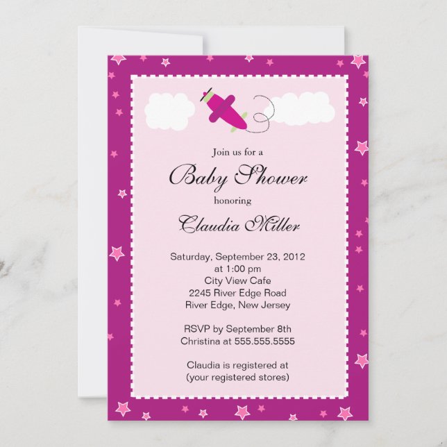 Cute Little Pink Aeroplane Boy Baby Shower Invitation (Front)